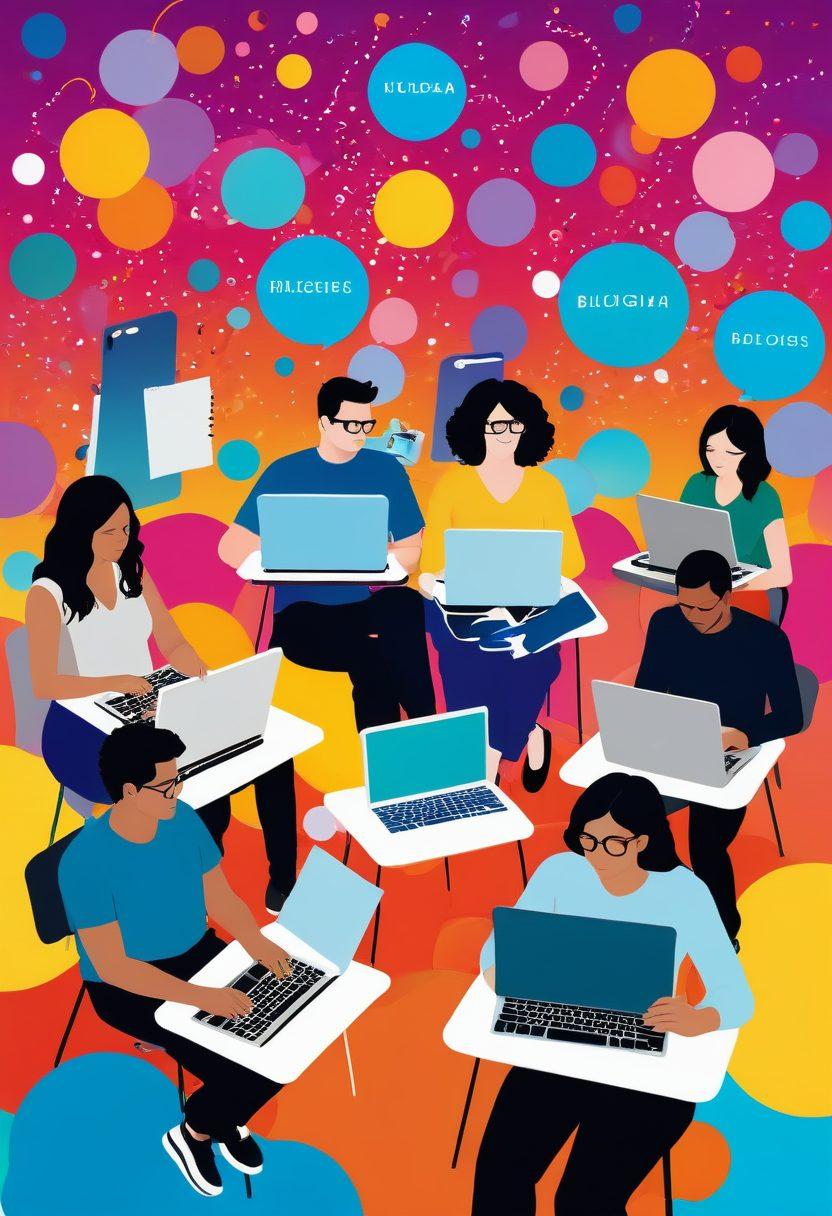 A digital landscape showcasing a vibrant, bustling blogosphere with diverse bloggers connecting through colorful bubbles of text and ideas, surrounded by iconic blog elements like laptops, coffee cups and microphones. Incorporate a sense of movement as if ideas are flowing through the scene, emphasizing communication and creativity. The backdrop should be bright and inviting, inviting readers to explore the content. bright colors. vector art. lively composition.