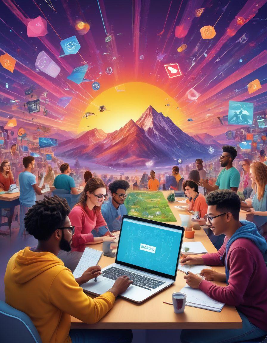 A vibrant, interconnected web of diverse content creators engaging in various creative processes such as writing, video editing, and graphic design. In the background, a digital landscape filled with innovative tools and social media icons symbolizing collaboration and community. Bright, cheerful colors to evoke creativity and positivity. super-realistic. vibrant colors.