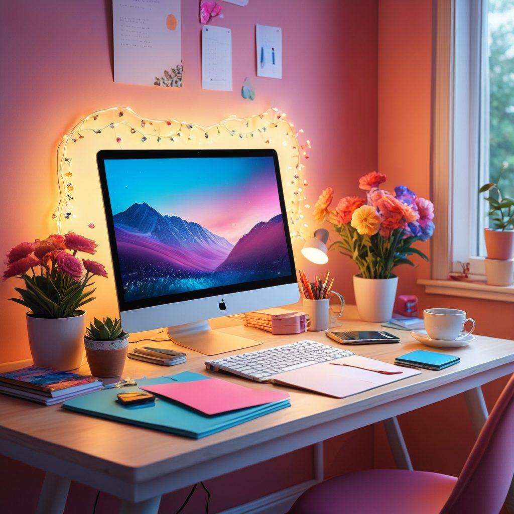 A whimsical digital landscape where scattered notes and glowing light bulbs float above a vibrant desk filled with a laptop, a coffee cup, and colorful stationery. The background features an array of blooming ideas represented by flowers and colorful abstract shapes intertwining. A soft glow illuminates the scene, symbolizing inspiration and creativity. pastel colors. dreamy style. digital art.